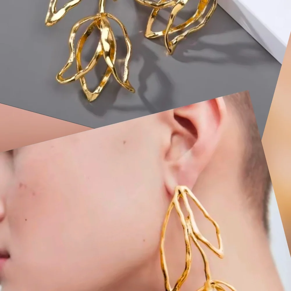 Gold Sculptural Petal Drop Earrings - Picture 4 of 4